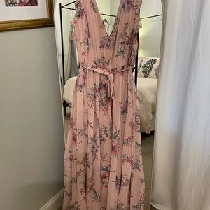 Monique Lhuillier Pink Floral Pleated Maxi Dress